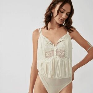We The Free Ivory Lace-Front Bodysuit Cami